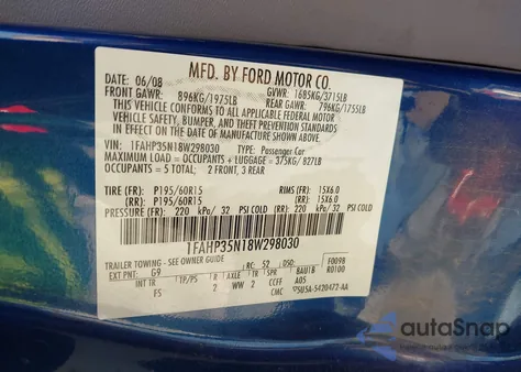 2008 Ford Focus Se/Ses из США, поврежденный, VIN 1FAHP35N18W298030